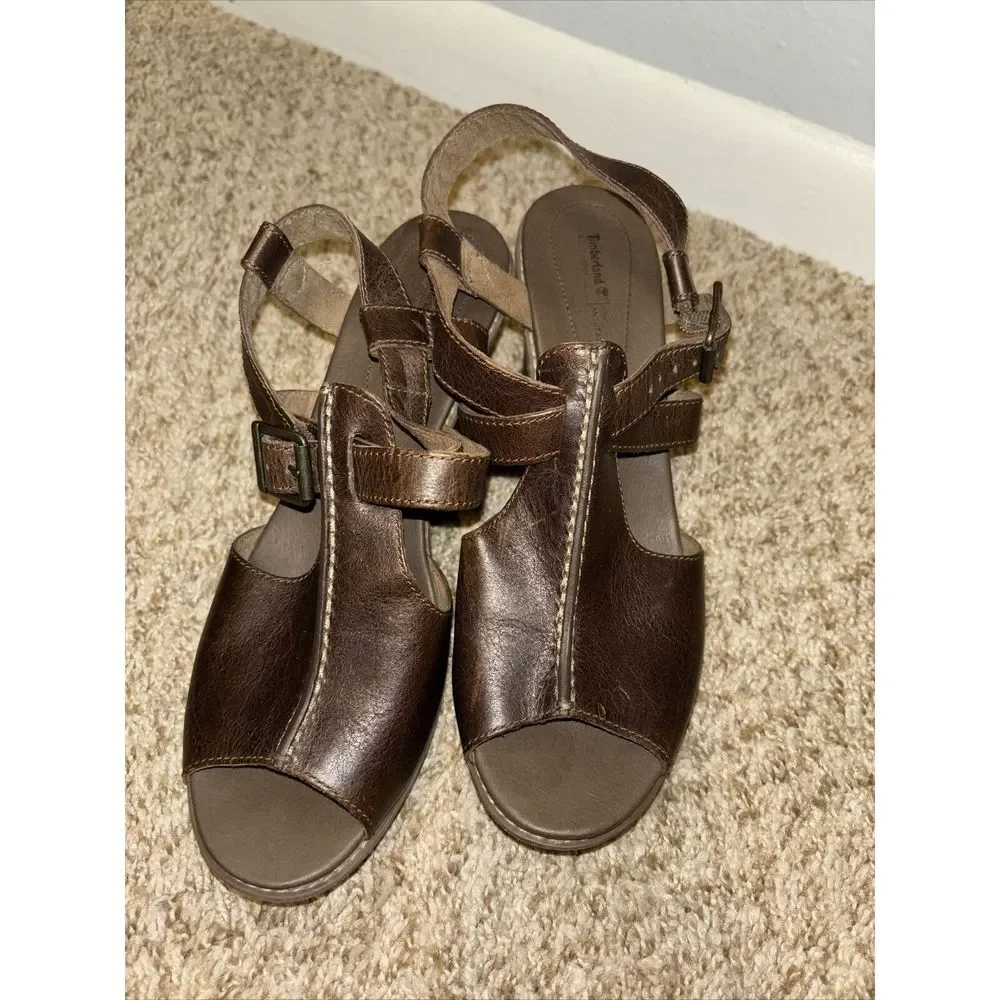 Timberland Earthkeepers Danforth Brown Wedge Leather Sandals Size 9 Anti-Fatigue